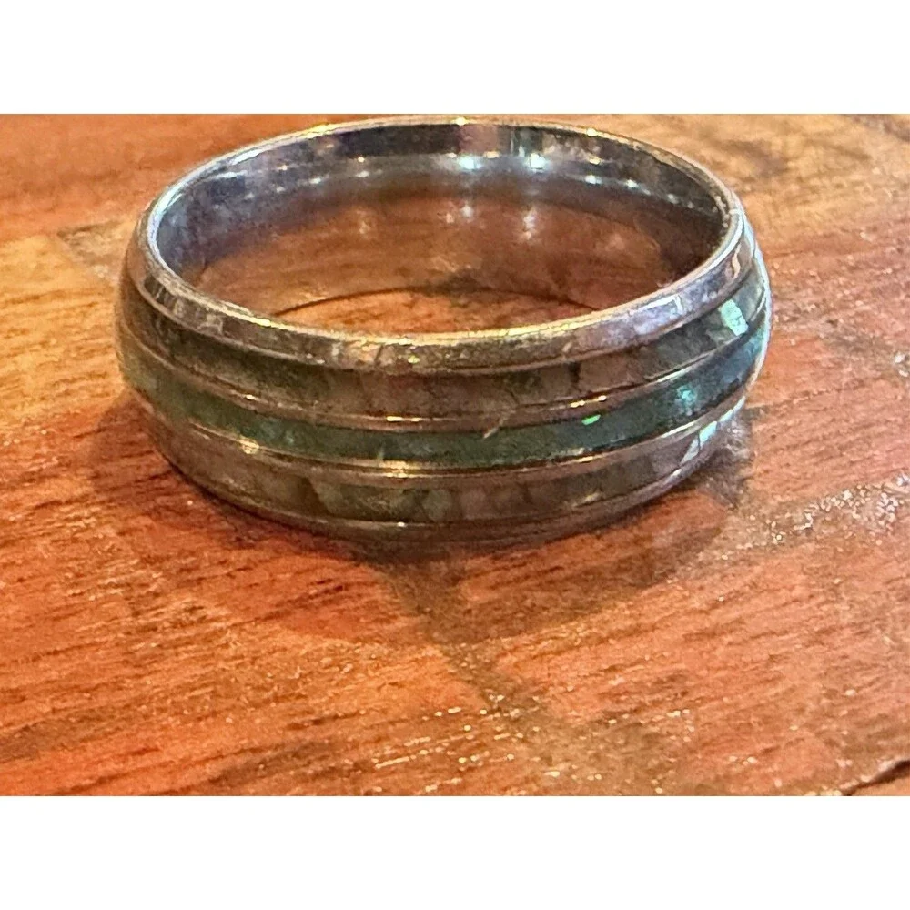 Mens Metal ABALONE Inlay Wedding Band Or Everyday Ring Size 10